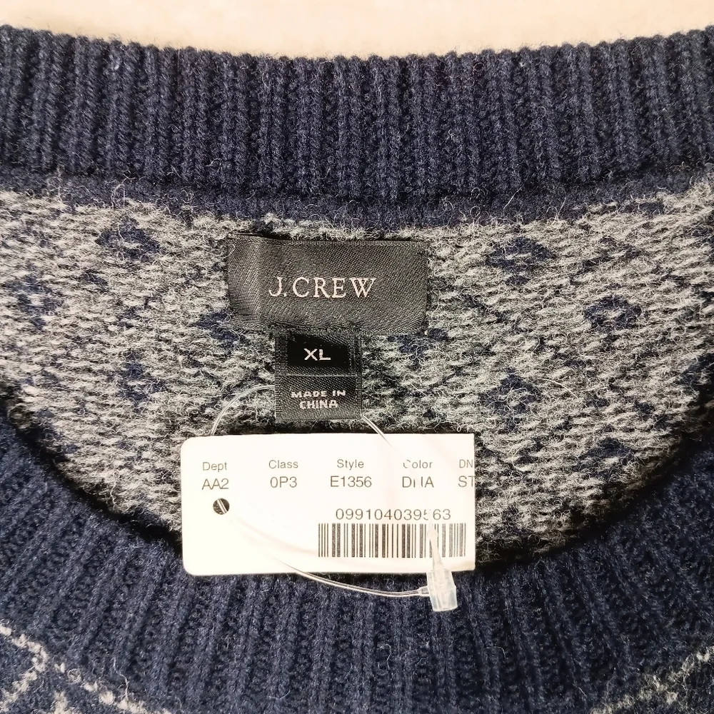 J Crew Sweater Mens XL Blue Lambswool In Nordic Grid Crew Neck Fisherman NWT